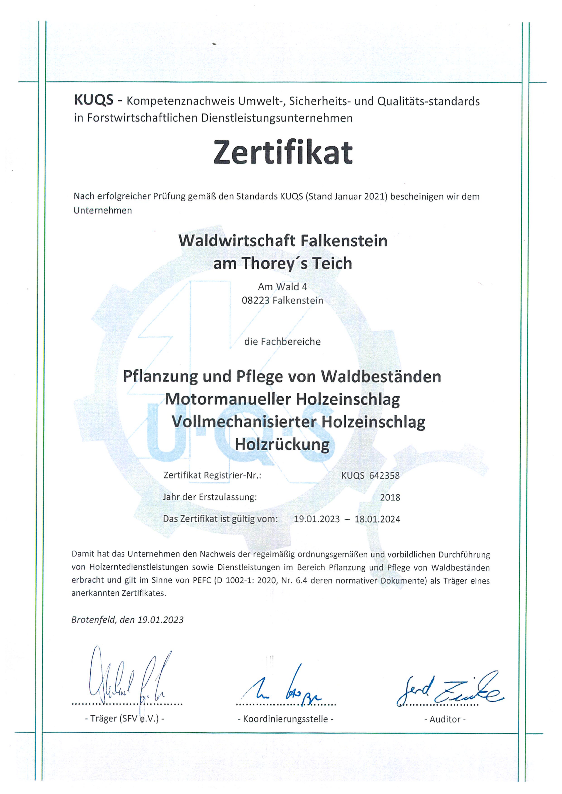 Zertifikat Ausweis fuer hervorragende Waldarbeit Waldwirtschaft Falkenstein